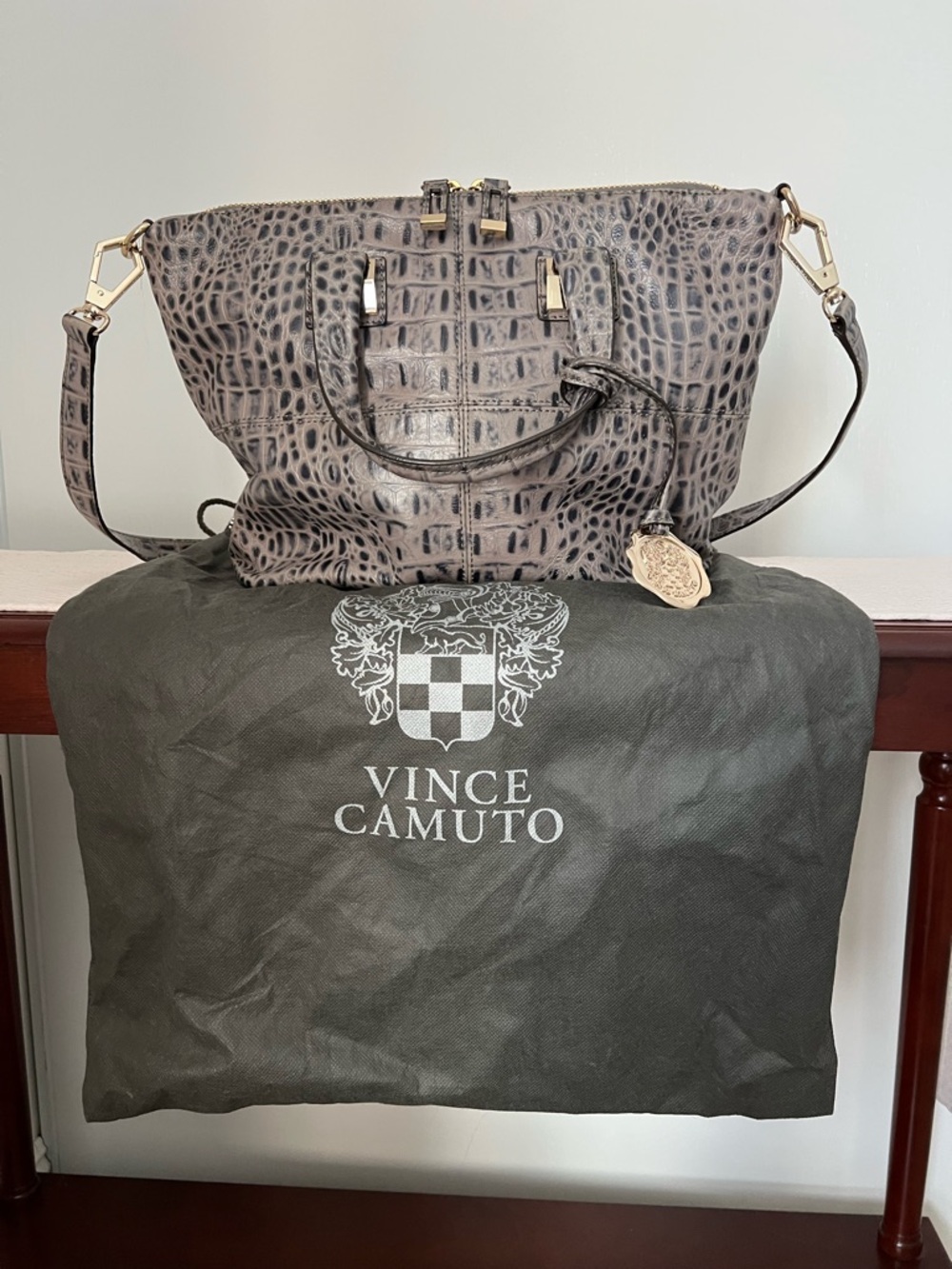 Vince Camuto Taupe Croc-Embossed Shoulder Bag with Gold Hardware